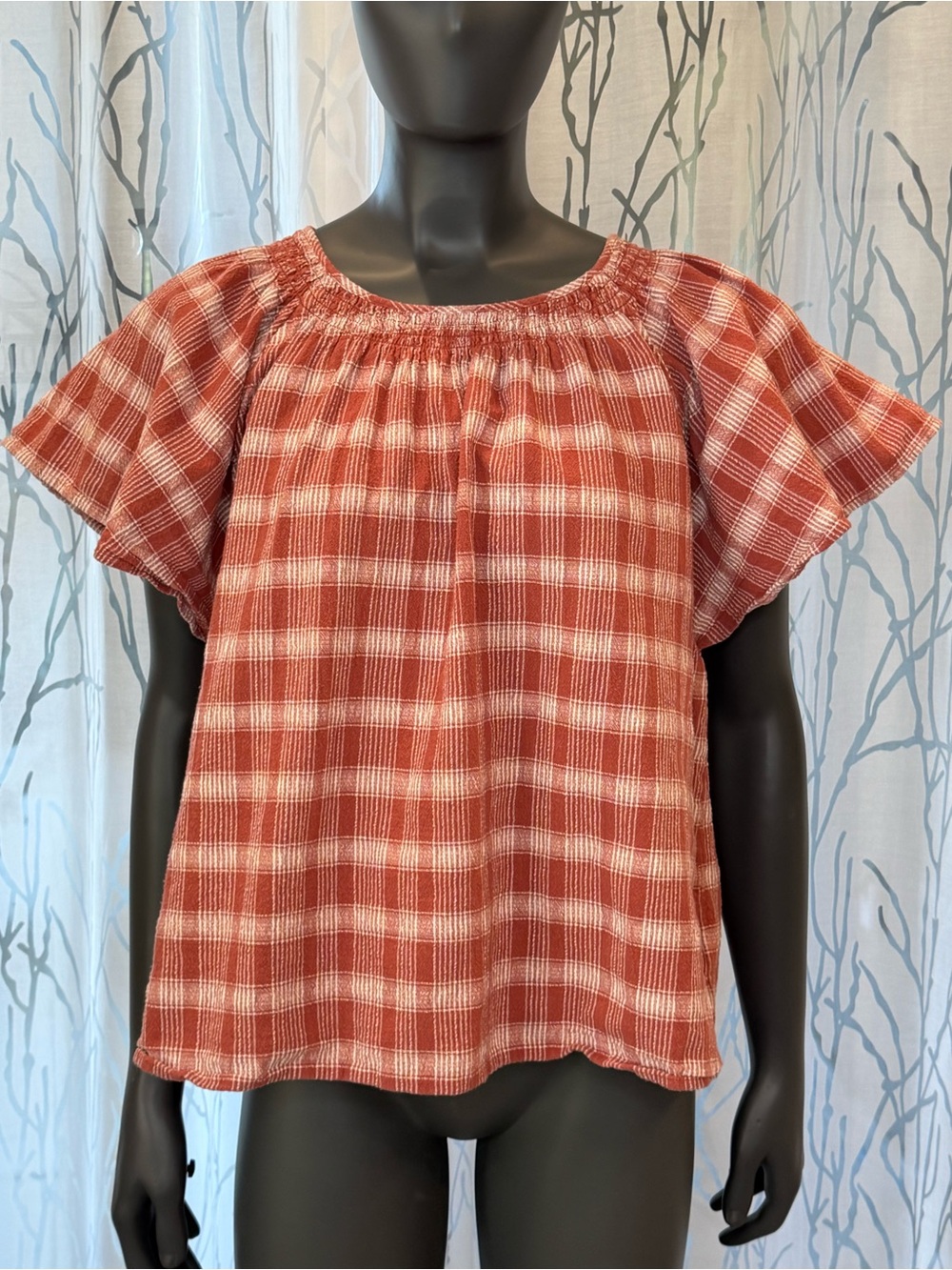 Madewell 100% Cotton Plaid Gauze Flutter-Sleeve Top Blouse Red White Women’s XXL